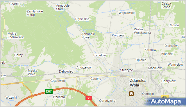 mapa Izabelów gmina Zduńska Wola, Izabelów gmina Zduńska Wola na mapie Targeo