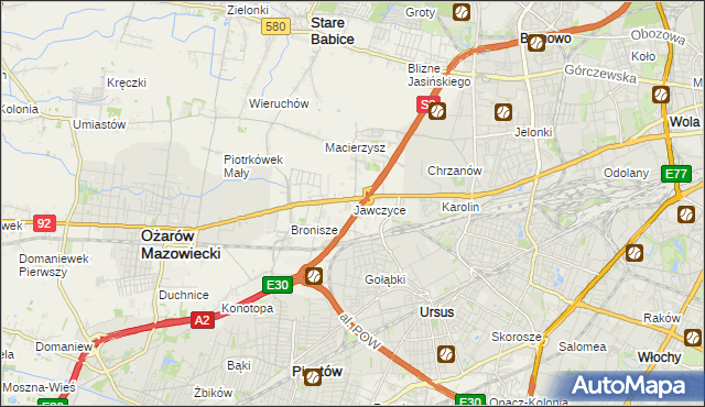 mapa Jawczyce gmina Ożarów Mazowiecki, Jawczyce gmina Ożarów Mazowiecki na mapie Targeo