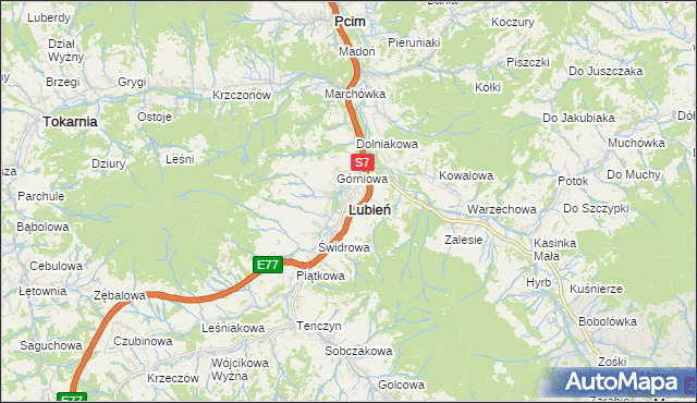 mapa Lubień powiat myślenicki, Lubień powiat myślenicki na mapie Targeo