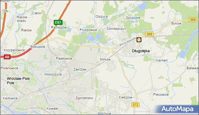 mapa Mirków gmina Długołęka, Mirków gmina Długołęka na mapie Targeo