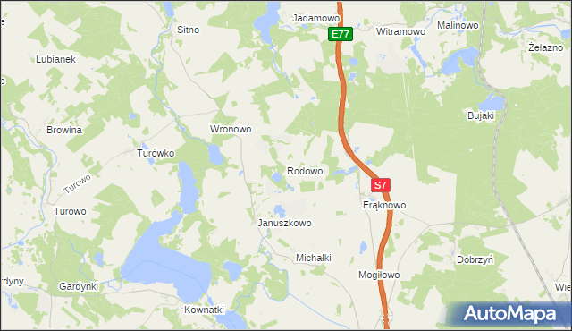 mapa Rodowo gmina Kozłowo, Rodowo gmina Kozłowo na mapie Targeo