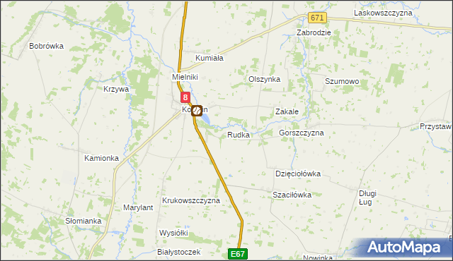 mapa Rudka gmina Korycin, Rudka gmina Korycin na mapie Targeo