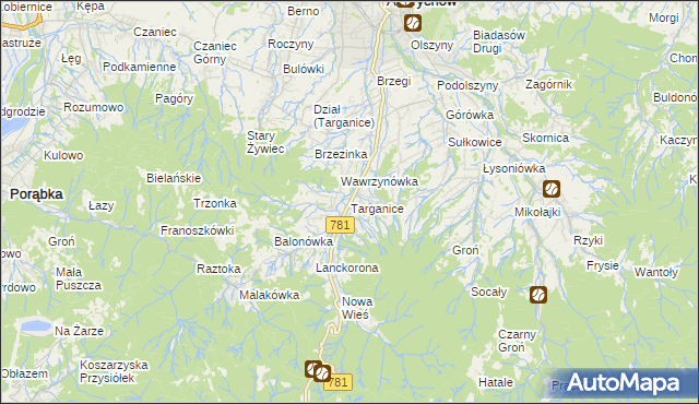 mapa Targanice, Targanice na mapie Targeo