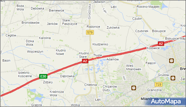 mapa Tłuste gmina Grodzisk Mazowiecki, Tłuste gmina Grodzisk Mazowiecki na mapie Targeo