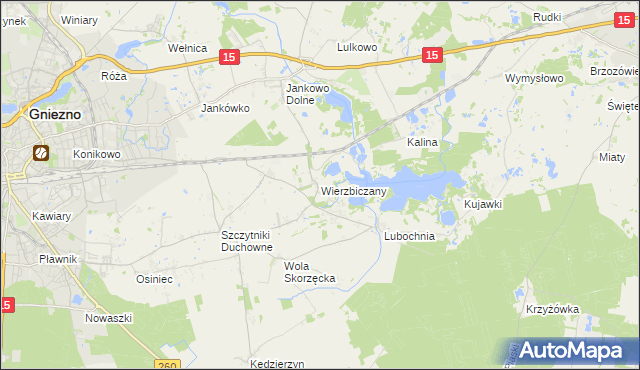 mapa Wierzbiczany gmina Gniezno, Wierzbiczany gmina Gniezno na mapie Targeo