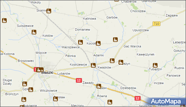 mapa Adamki gmina Błaszki, Adamki gmina Błaszki na mapie Targeo