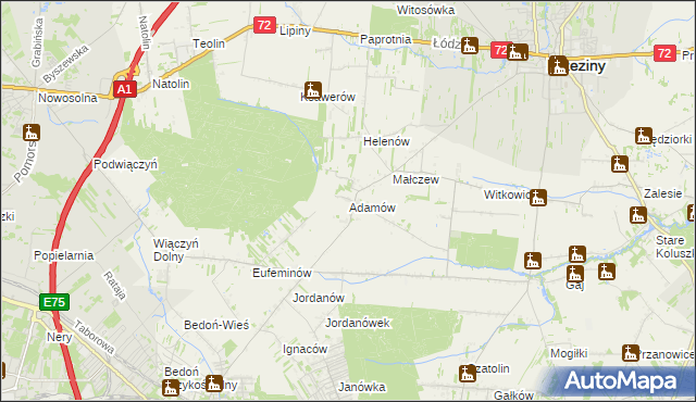 mapa Adamów gmina Brzeziny, Adamów gmina Brzeziny na mapie Targeo