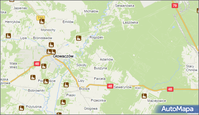 mapa Adamów gmina Głowaczów, Adamów gmina Głowaczów na mapie Targeo