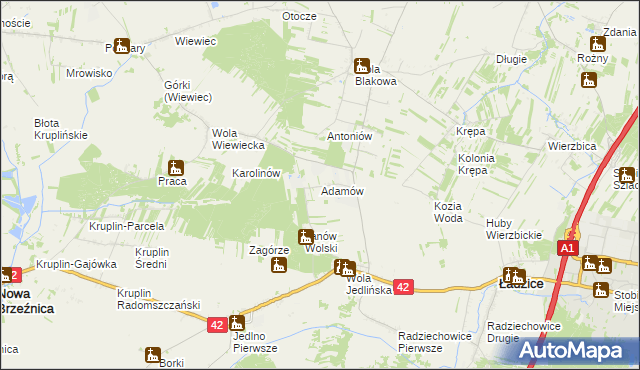 mapa Adamów gmina Ładzice, Adamów gmina Ładzice na mapie Targeo