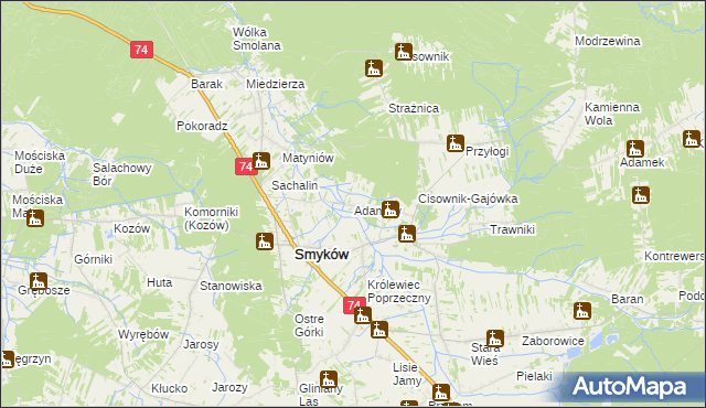 mapa Adamów gmina Smyków, Adamów gmina Smyków na mapie Targeo