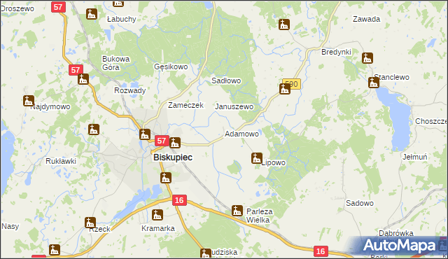 mapa Adamowo gmina Biskupiec, Adamowo gmina Biskupiec na mapie Targeo