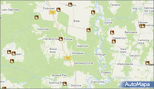 mapa Adelinów gmina Sulejów, Adelinów gmina Sulejów na mapie Targeo