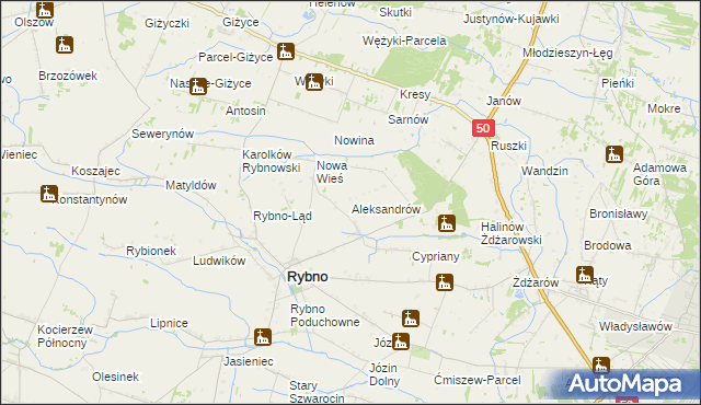 mapa Aleksandrów gmina Rybno, Aleksandrów gmina Rybno na mapie Targeo