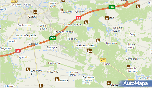 mapa Aleksandrówek gmina Łask, Aleksandrówek gmina Łask na mapie Targeo