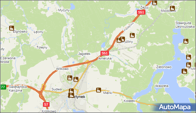 mapa Ameryka gmina Olsztynek, Ameryka gmina Olsztynek na mapie Targeo