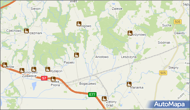 mapa Aniołowo gmina Pasłęk, Aniołowo gmina Pasłęk na mapie Targeo