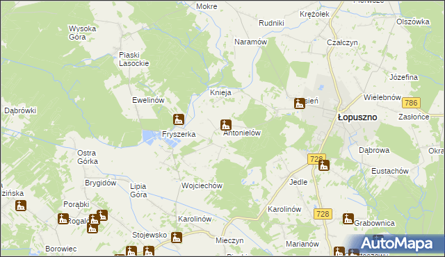 mapa Antonielów gmina Łopuszno, Antonielów gmina Łopuszno na mapie Targeo