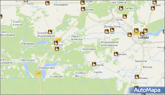 mapa Antoniewo gmina Lubasz, Antoniewo gmina Lubasz na mapie Targeo