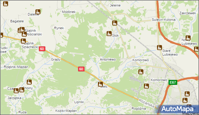 mapa Antoniewo gmina Ostrów Mazowiecka, Antoniewo gmina Ostrów Mazowiecka na mapie Targeo