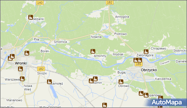 mapa Antoniny gmina Obrzycko, Antoniny gmina Obrzycko na mapie Targeo