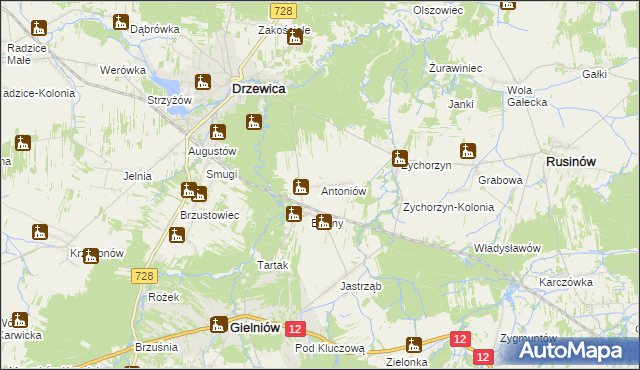 mapa Antoniów gmina Gielniów, Antoniów gmina Gielniów na mapie Targeo