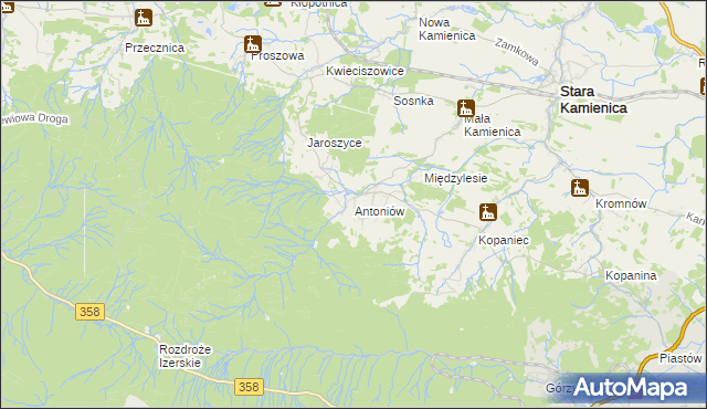 mapa Antoniów gmina Stara Kamienica, Antoniów gmina Stara Kamienica na mapie Targeo
