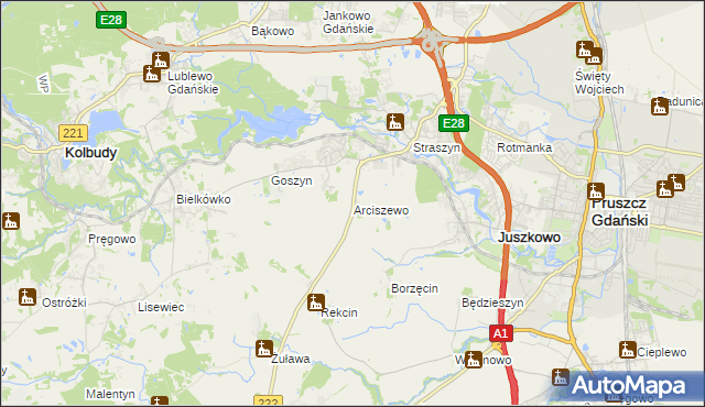 mapa Arciszewo gmina Pruszcz Gdański, Arciszewo gmina Pruszcz Gdański na mapie Targeo