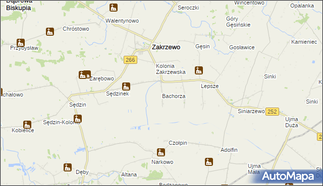 mapa Bachorza gmina Zakrzewo, Bachorza gmina Zakrzewo na mapie Targeo