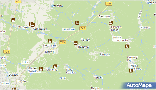 mapa Baczyna gmina Końskie, Baczyna gmina Końskie na mapie Targeo