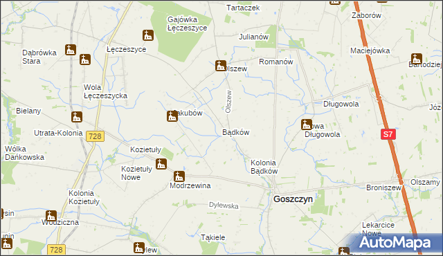 mapa Bądków gmina Goszczyn, Bądków gmina Goszczyn na mapie Targeo