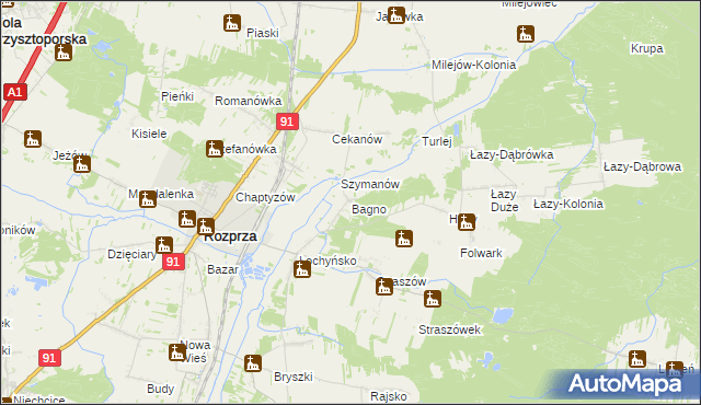 mapa Bagno gmina Rozprza, Bagno gmina Rozprza na mapie Targeo