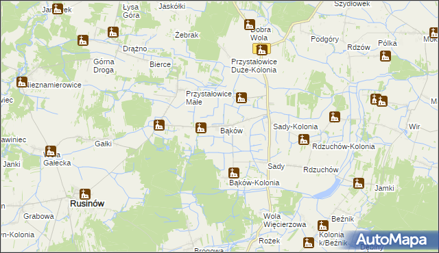 mapa Bąków gmina Rusinów, Bąków gmina Rusinów na mapie Targeo