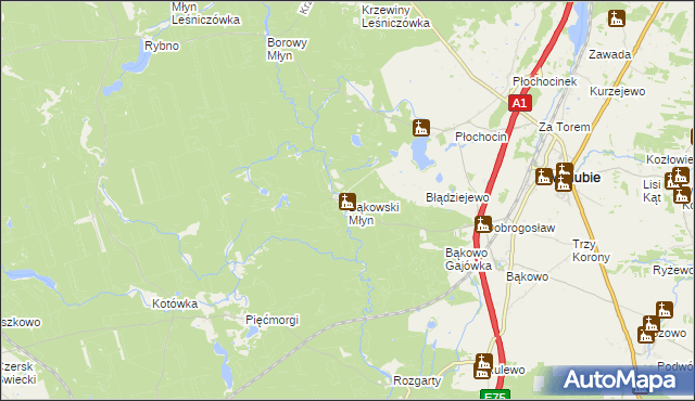 mapa Bąkowski Młyn, Bąkowski Młyn na mapie Targeo