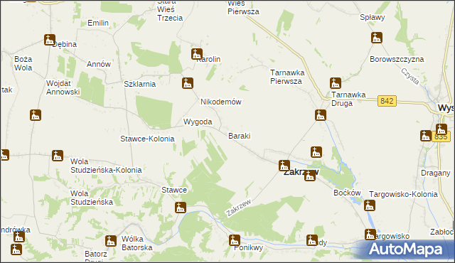 mapa Baraki gmina Zakrzew, Baraki gmina Zakrzew na mapie Targeo