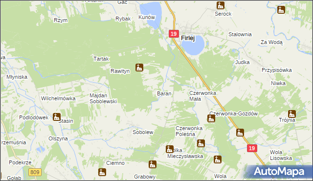 mapa Baran gmina Firlej, Baran gmina Firlej na mapie Targeo