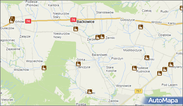 mapa Baranówek gmina Baćkowice, Baranówek gmina Baćkowice na mapie Targeo