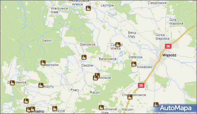 mapa Baranowice gmina Wąsosz, Baranowice gmina Wąsosz na mapie Targeo