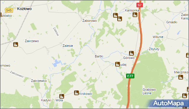 mapa Bartki gmina Kozłowo, Bartki gmina Kozłowo na mapie Targeo