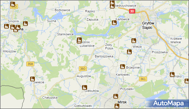 mapa Bartoszówka gmina Leśna, Bartoszówka gmina Leśna na mapie Targeo