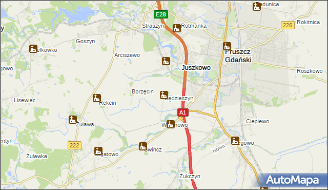 mapa Będzieszyn gmina Pruszcz Gdański, Będzieszyn gmina Pruszcz Gdański na mapie Targeo