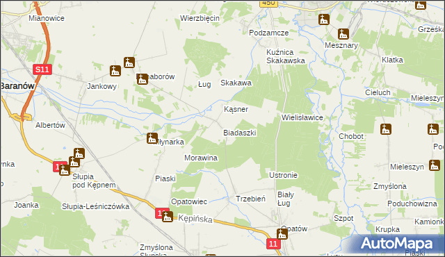 mapa Biadaszki gmina Łęka Opatowska, Biadaszki gmina Łęka Opatowska na mapie Targeo