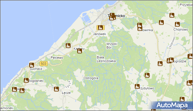 mapa Biała Leśniczówka gmina Tolkmicko, Biała Leśniczówka gmina Tolkmicko na mapie Targeo