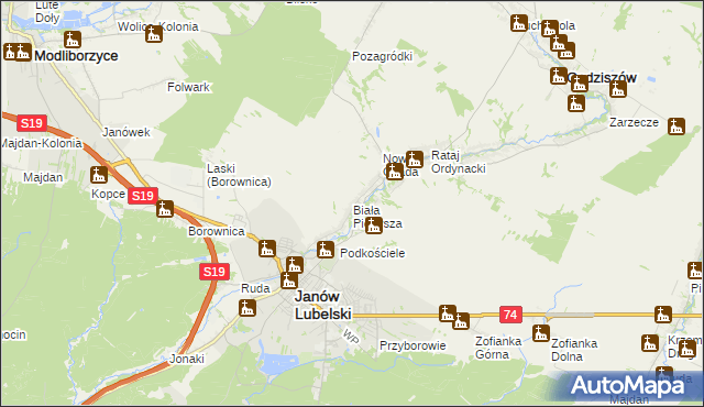 mapa Biała Pierwsza gmina Janów Lubelski, Biała Pierwsza gmina Janów Lubelski na mapie Targeo