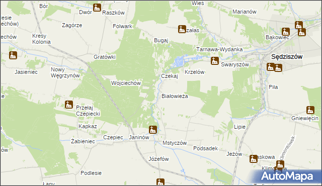 mapa Białowieża gmina Sędziszów, Białowieża gmina Sędziszów na mapie Targeo