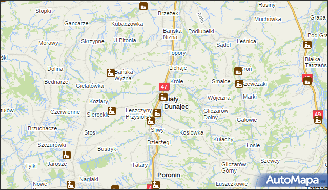 mapa Biały Dunajec, Biały Dunajec na mapie Targeo