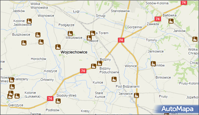 mapa Bidziny, Bidziny na mapie Targeo