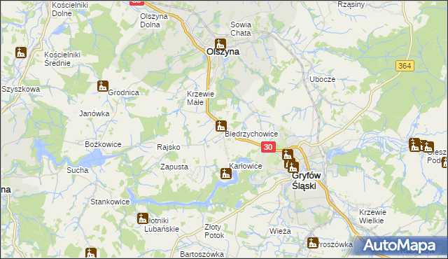 mapa Biedrzychowice gmina Olszyna, Biedrzychowice gmina Olszyna na mapie Targeo