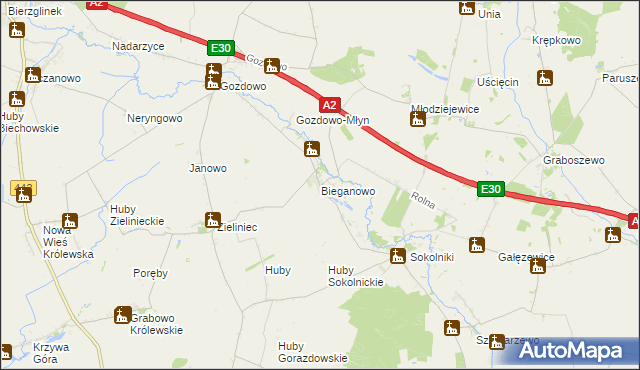 mapa Bieganowo gmina Kołaczkowo, Bieganowo gmina Kołaczkowo na mapie Targeo