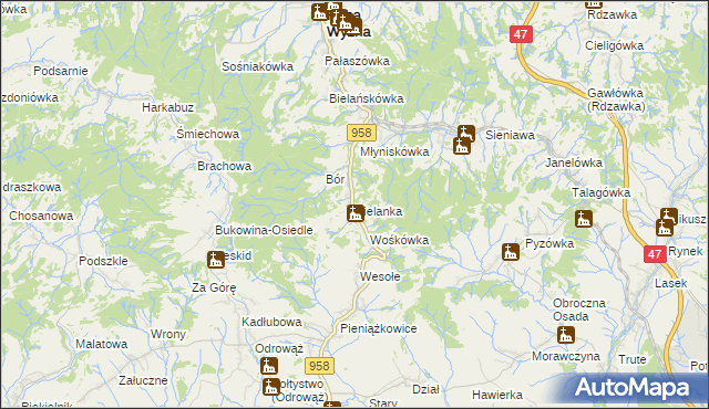 mapa Bielanka gmina Raba Wyżna, Bielanka gmina Raba Wyżna na mapie Targeo