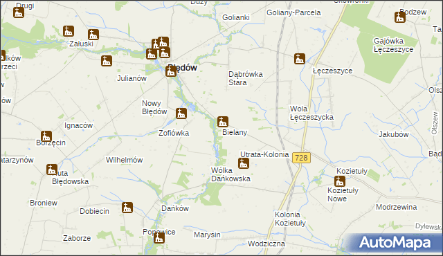 mapa Bielany gmina Błędów, Bielany gmina Błędów na mapie Targeo